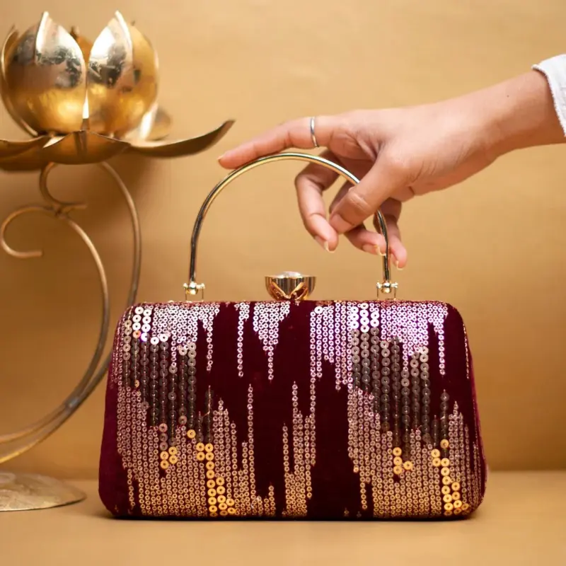 Women Golden Sequins Maroon Embroidery Party Clutch