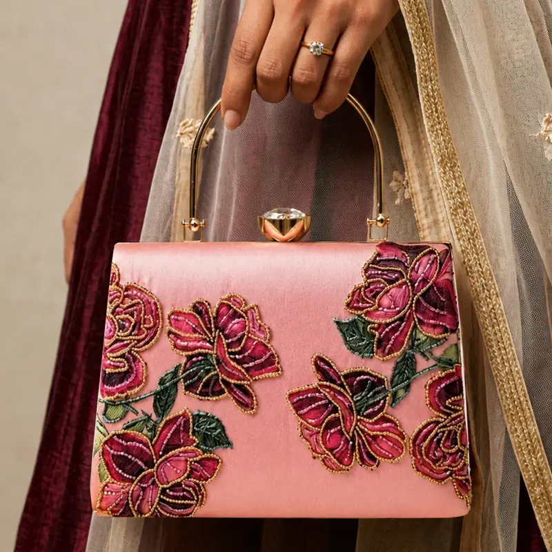 Woman Pink Rose Embroidered Designer Clutch Bag