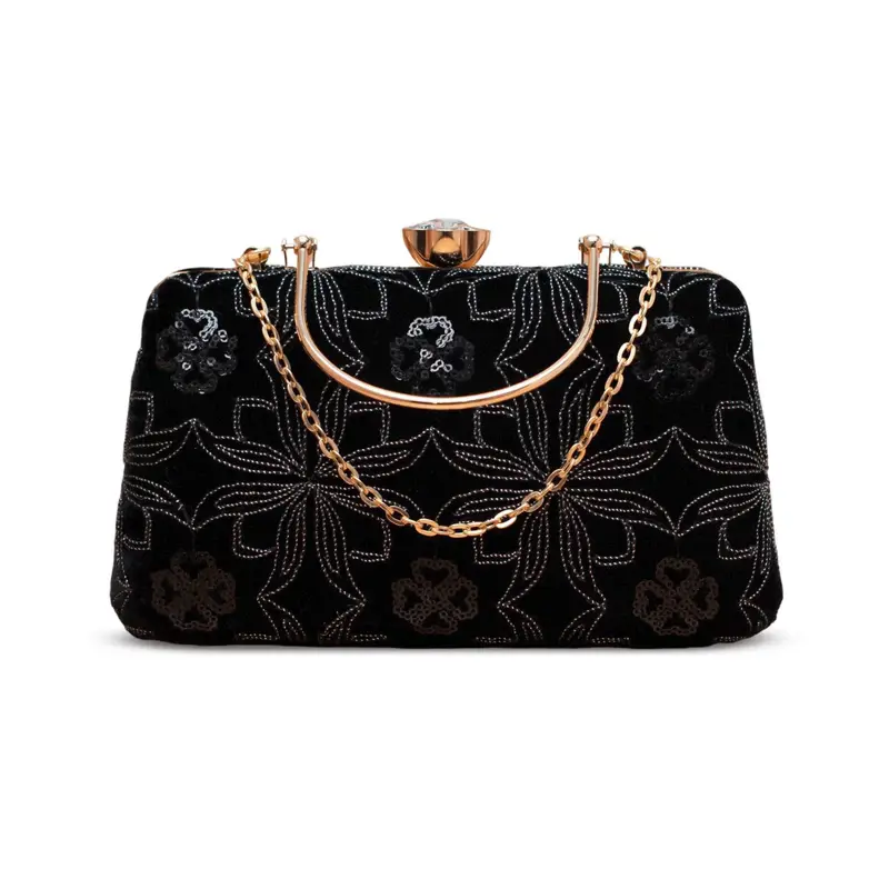 Woman Black Velvet Embroidery Clutch