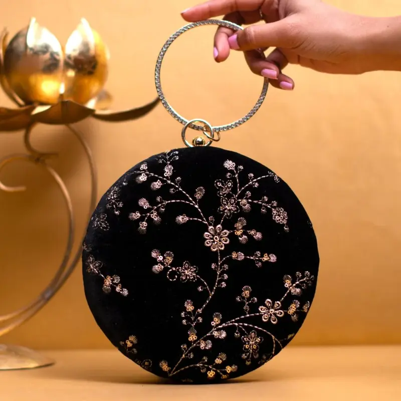 Women Black And Golden Floral Sequins Embroidery Clutch