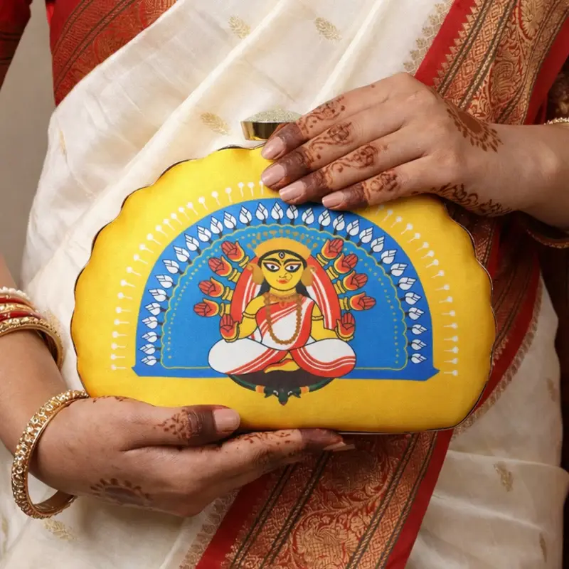 Women Yellow And Blue Durga Printed D-shape Clutch