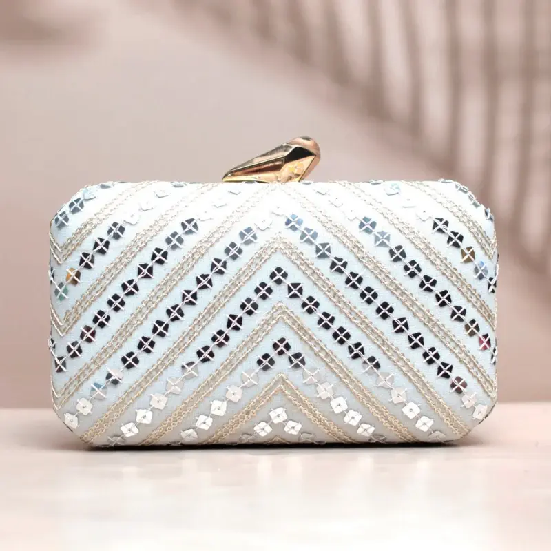 Woman Silver Sequins White Embroidery Clutch
