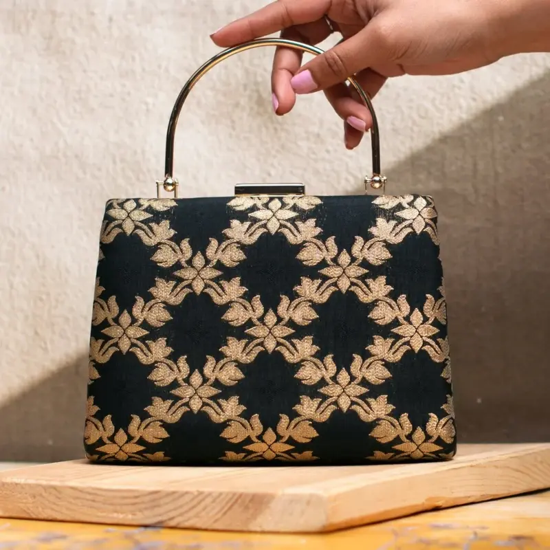 Women Black And Golden Brocade Fabric Clutch