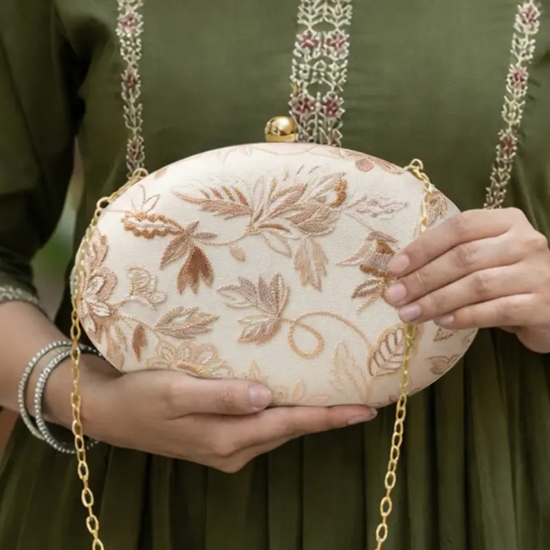 Woman White Based Silver Brocade Fabric Oval Clutch