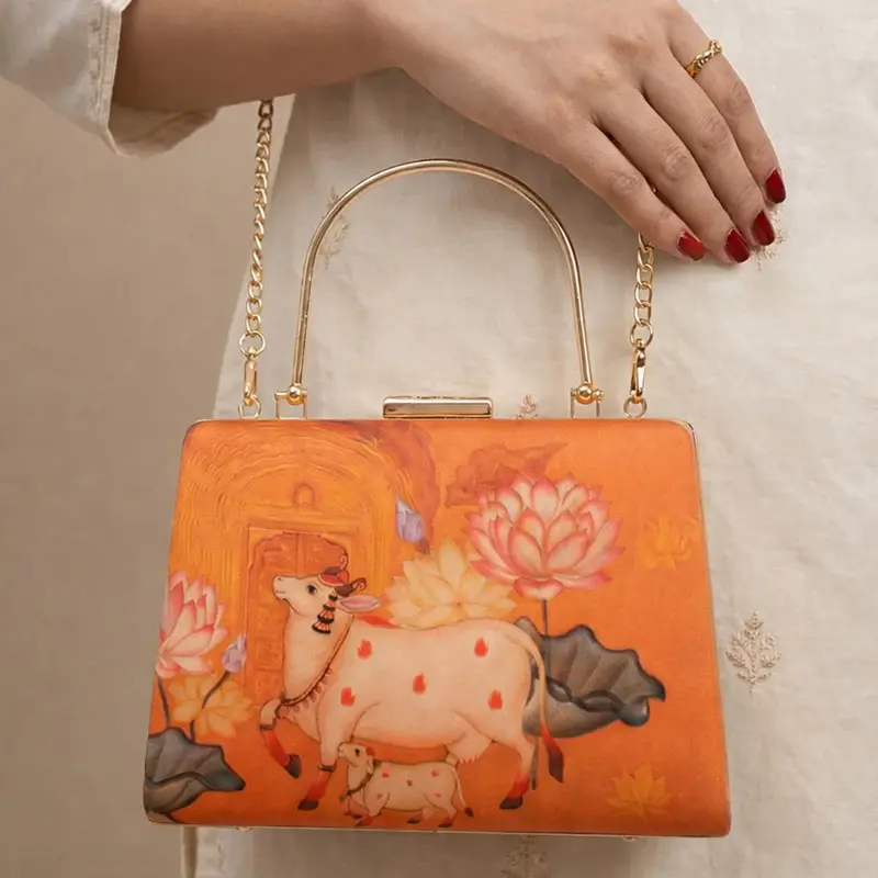 Women Divine Cow Lotus Hand Printed Clutch