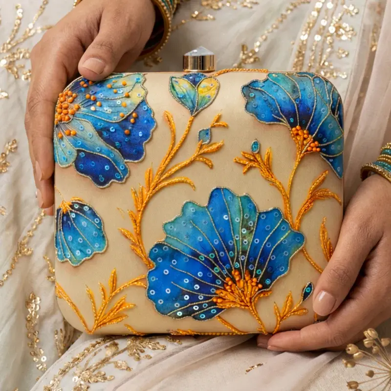 Women Printed Blue Floral Beaded Clutch with Hand Embroidery