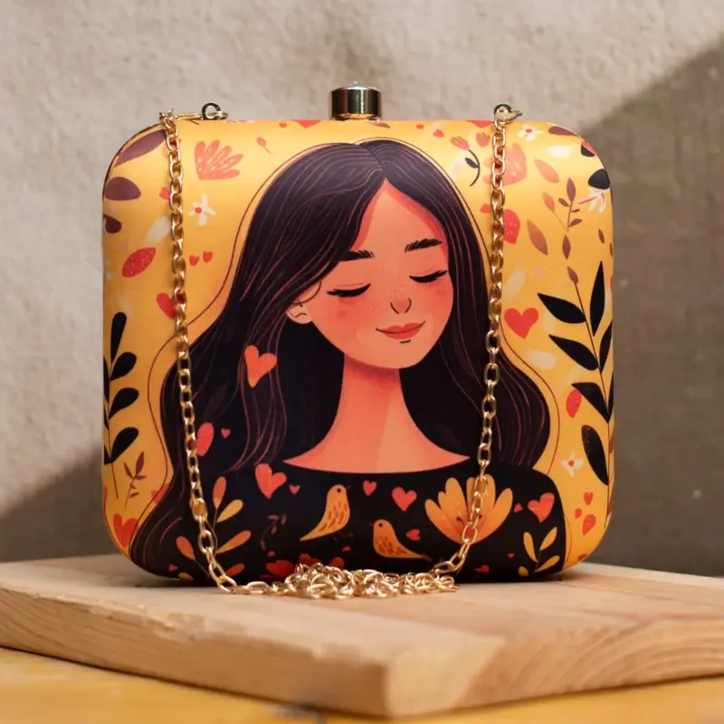 Women Yellow Girl And Birds Printed Clutch