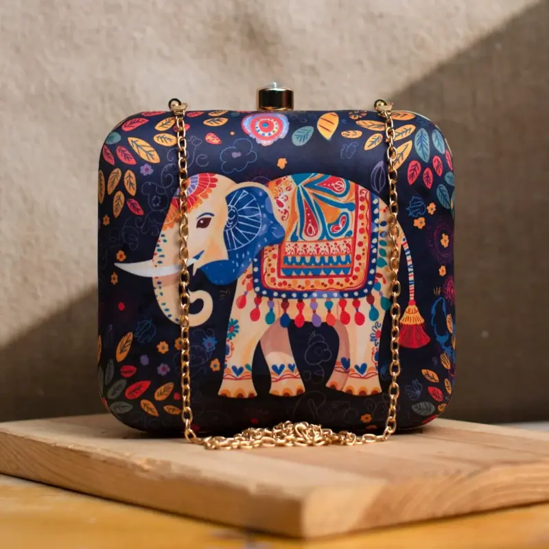 Women Black Elephant Printed Clutch