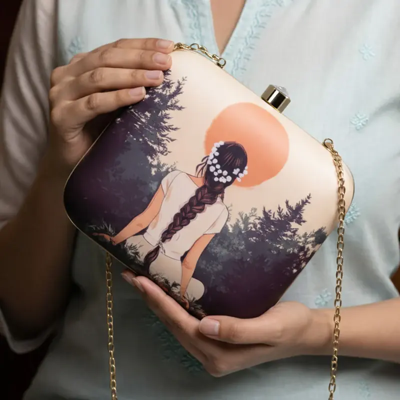 Women Beige Based Girl Portrait Printed Clutch