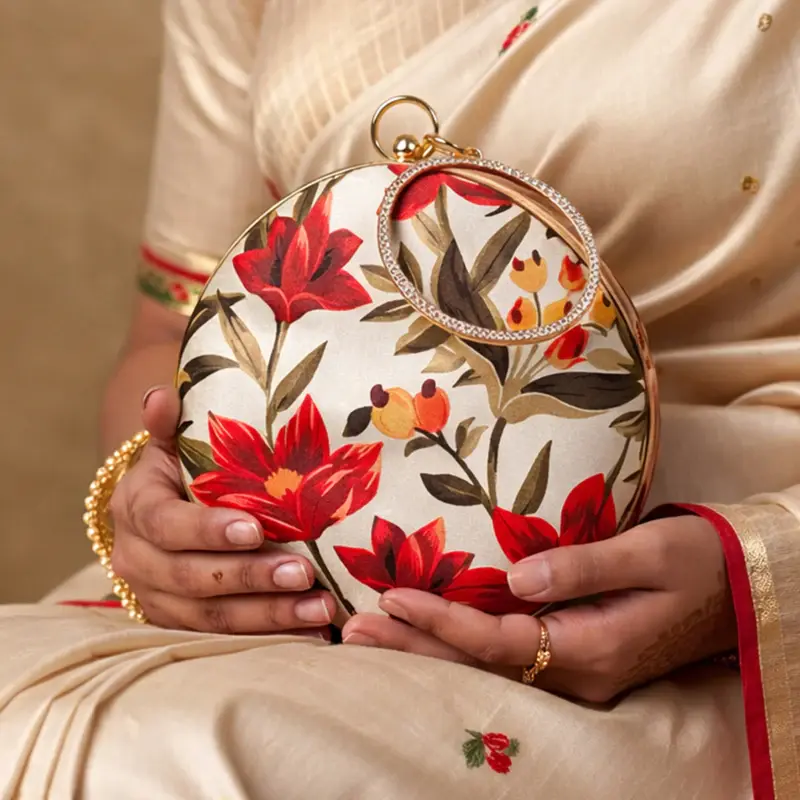 Women Red Floral Printed Round Clutch