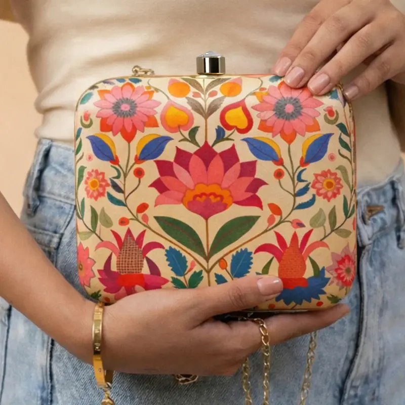 Women Beige Based Floral Printed Clutch