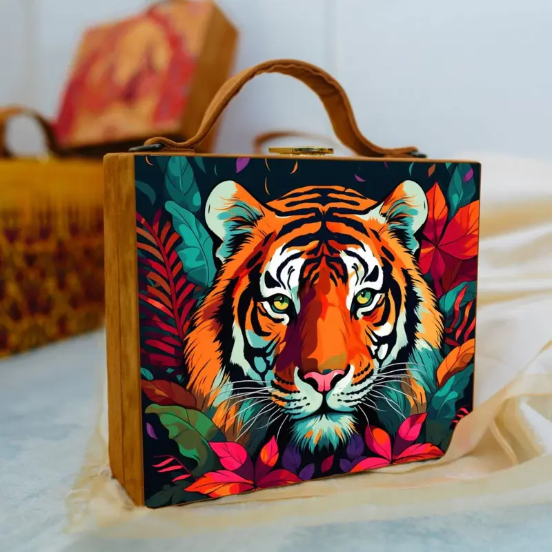 Women Colorful Tiger Printed Suitcase Style Clutch