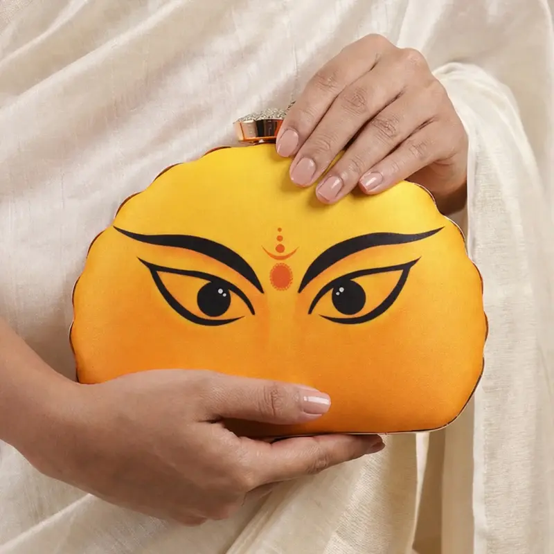 Women Durga Eyes Yellow Printed D-Shape Clutch