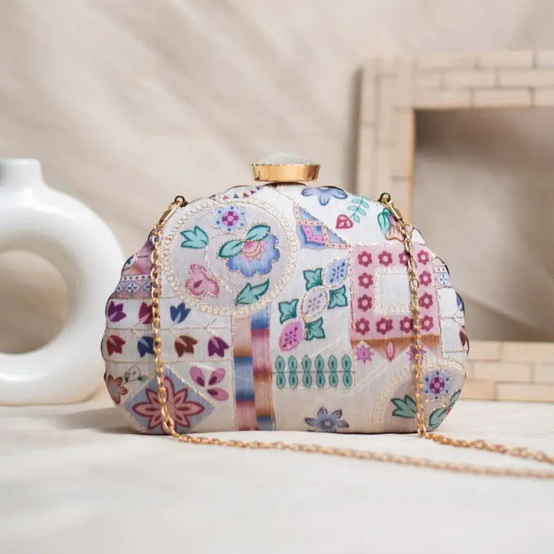 Woman White Multipattern Moon shape Clutch
