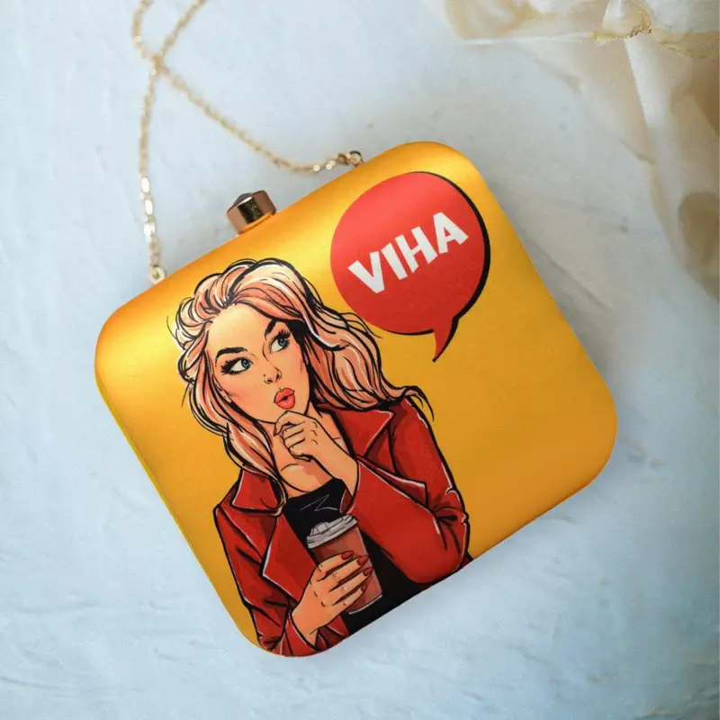 Woman Yellow Based Customised Name Clutch