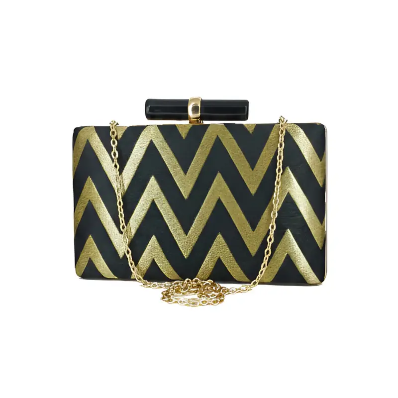 Woman Elegant Black Gold Zigzag Embroidered Clutch