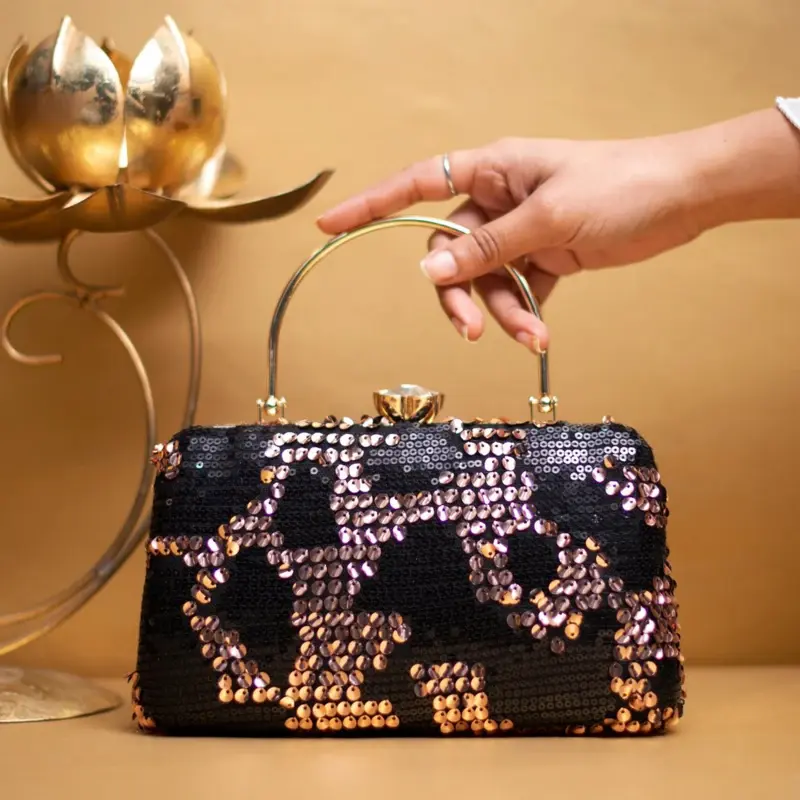 Woman Rose Gold And Black Sequins Party Clutch