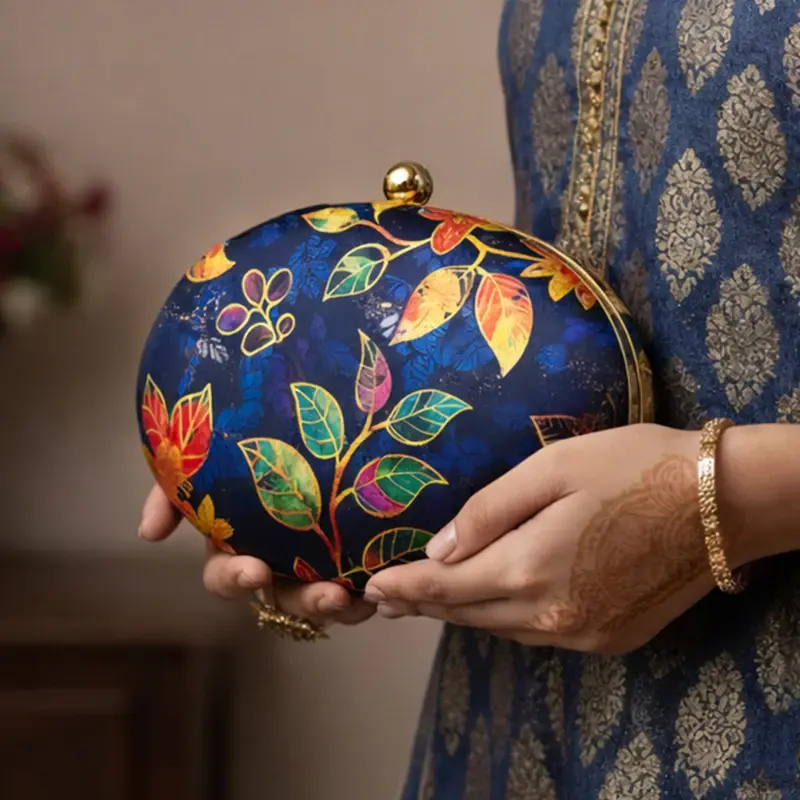 Women Blue Batik Leaves Print Oval Clutch