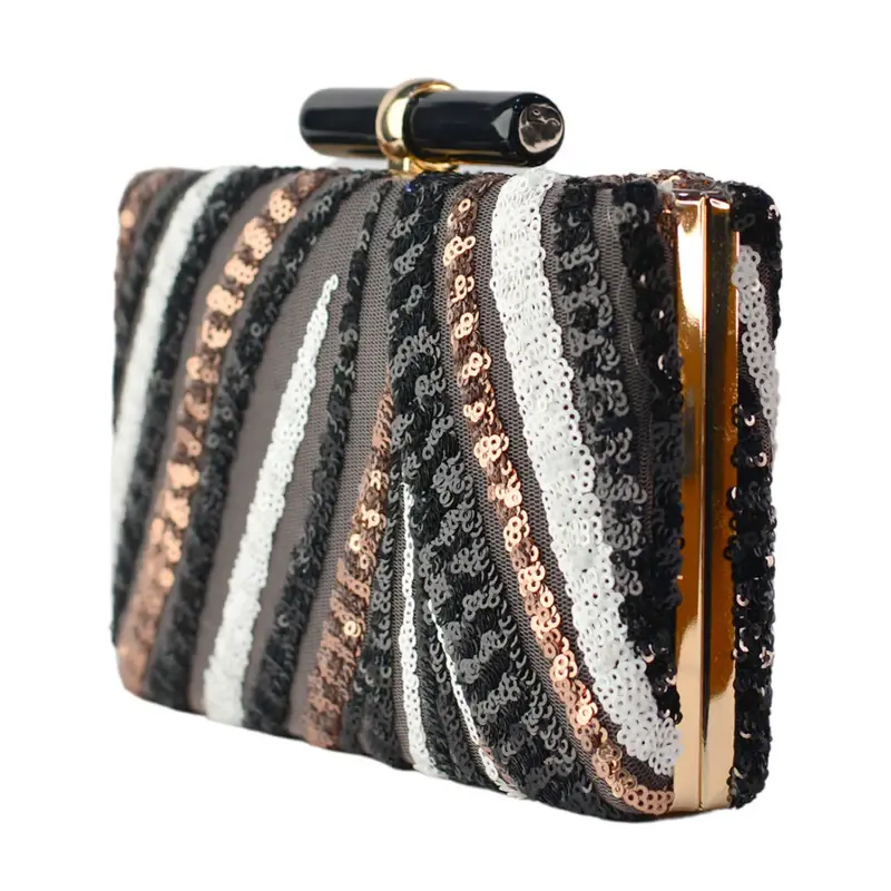 Women Black Box Shaped Clutch With Golden, White And Sliver Work