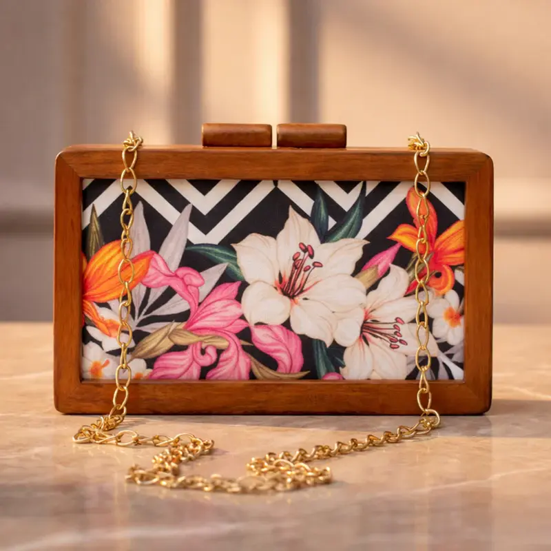 Women White Floral Wooden Printed Clutch