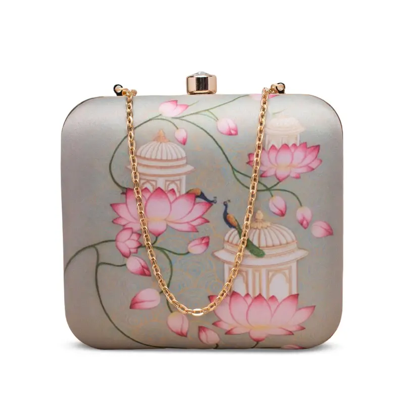 Woman Lotus And Peacock Printed Clutch
