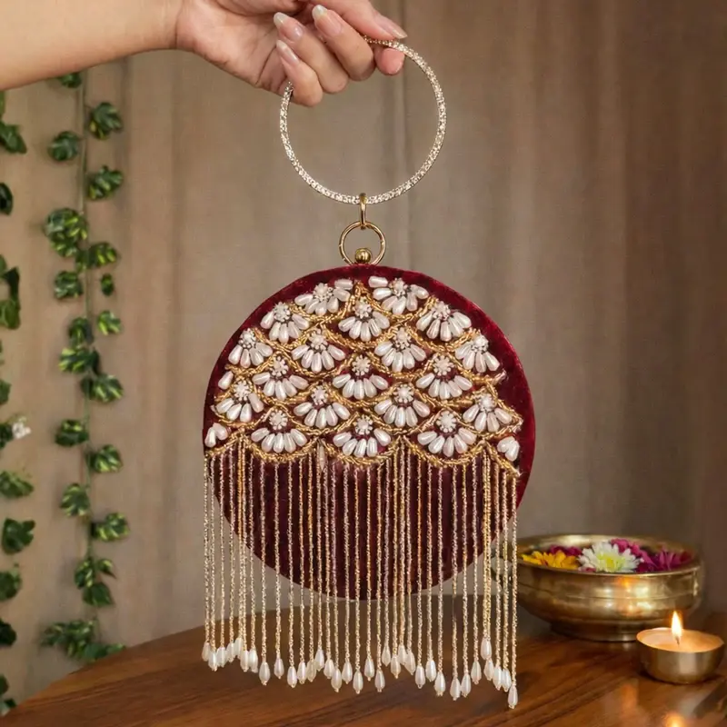 Woman Elegant Floral Pearl Handcrafted Embroidered Round Clutch