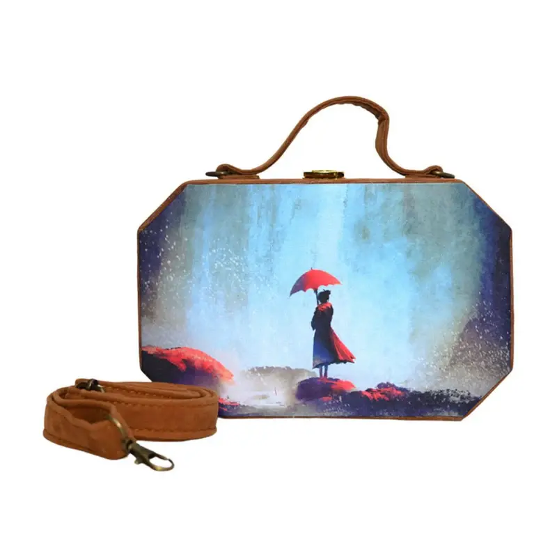 Woman Picturesque Girl With Umbrella Print Clutch