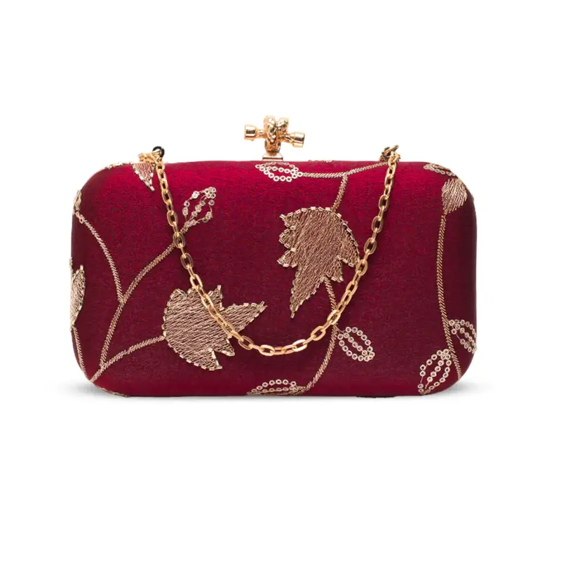 Woman Royal Wine Goldwork Blossom Clutch