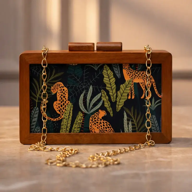 Women Leopard Print Wooden Clutch