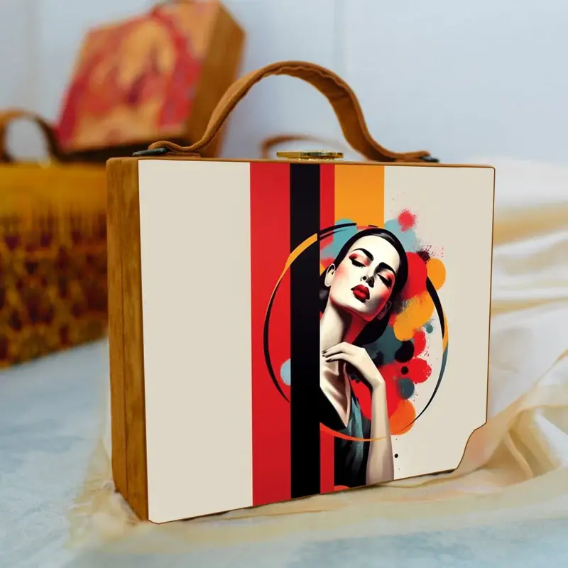 Woman Cream Base Multicoloured Girl Suitcase Style Clutch