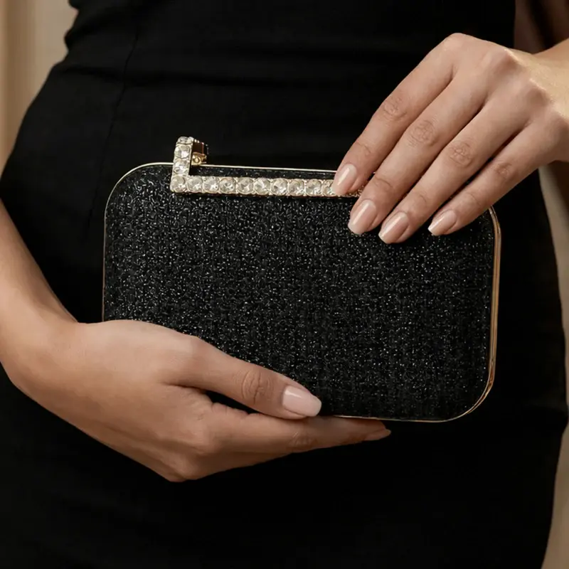 Women Black Shimmery Fabric Clutch