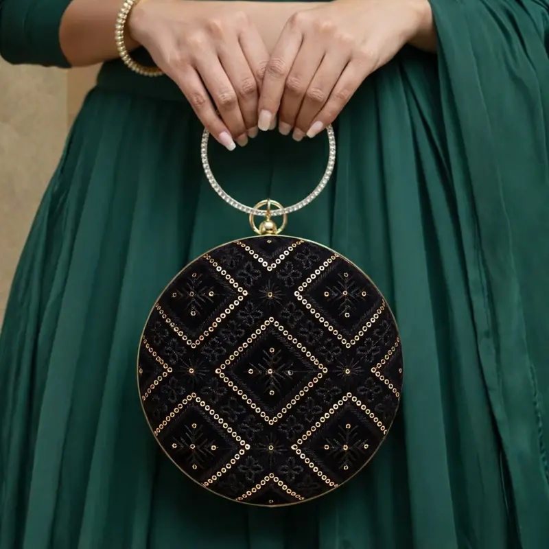 Woman Black Embroidery Round Party Clutch