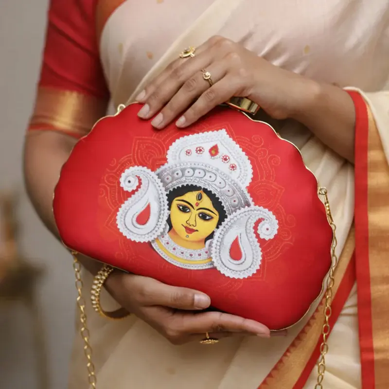 Women Red Durga Face Printed D-Shape Clutch