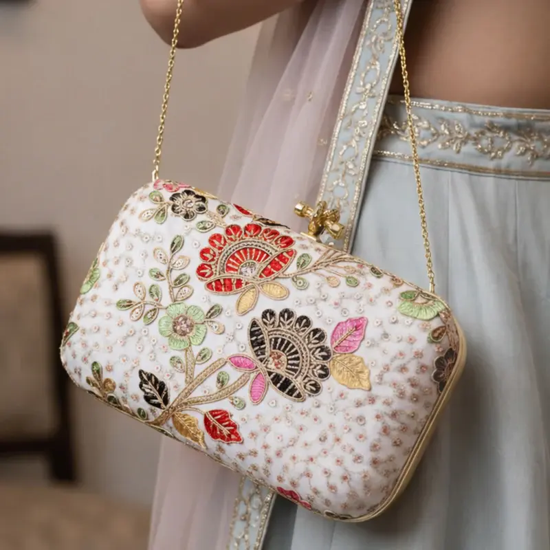 Women White Based Multicolored Threadwork And Sequins Embroidery Clutch