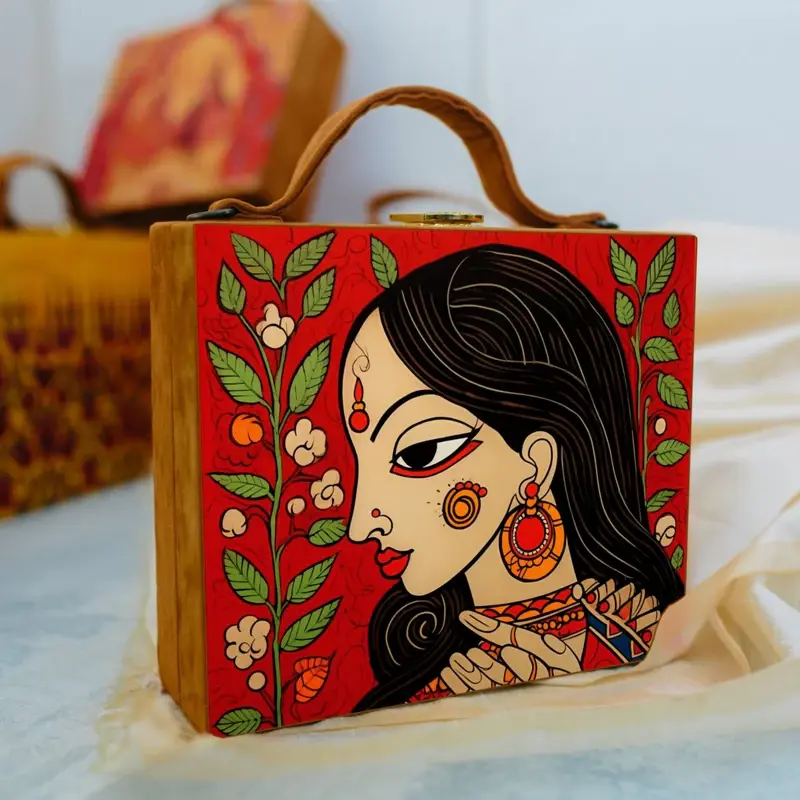 Women Madhubani Portrait Printed Suitcase Style Clutch