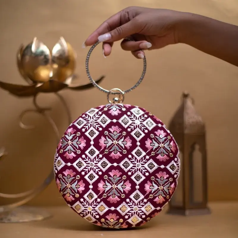 Woman Maroon And Pink Floral Embroidery Round Clutch