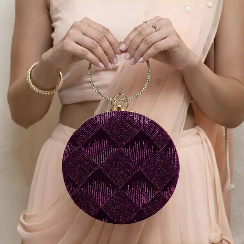 Women Wine Sequins Round Party Clutch