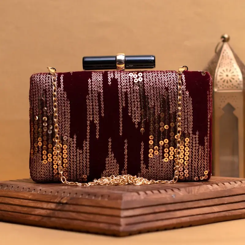 Women Golden Sequins Maroon Embroidery Clutch