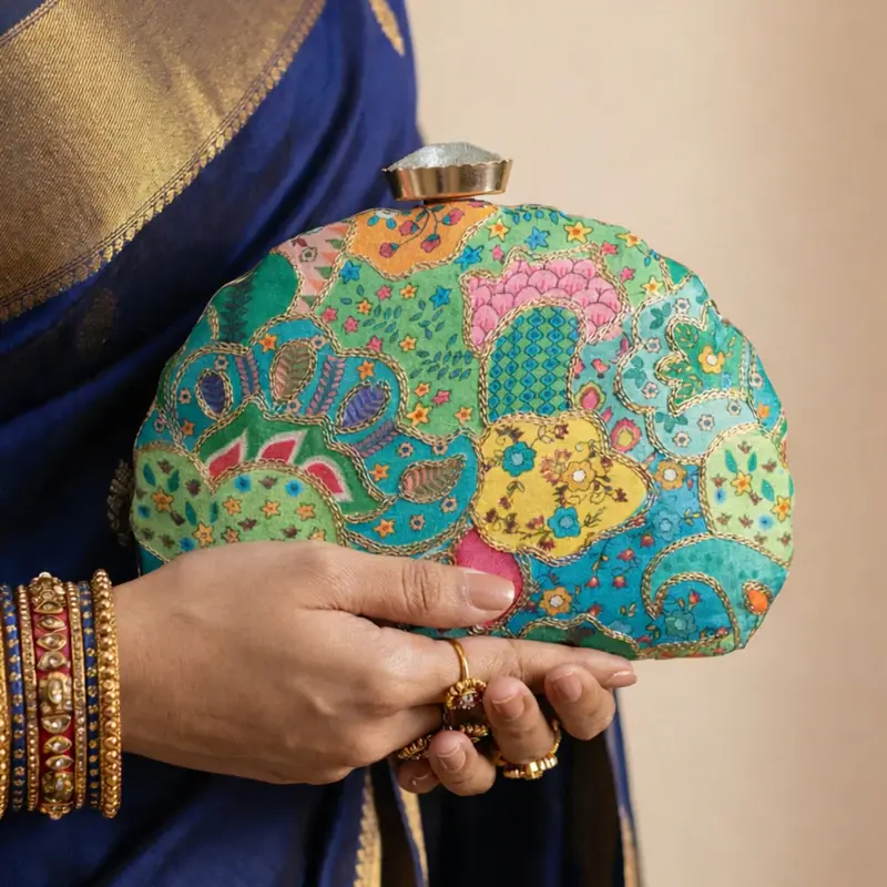 Women Green Multipattern Embroidery Moon Shaped Clutch