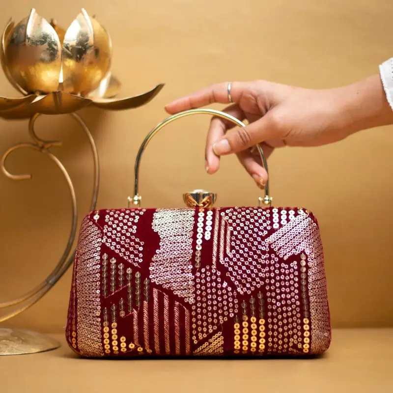Women Red Sequins Multipattern Embroidery Party Clutch