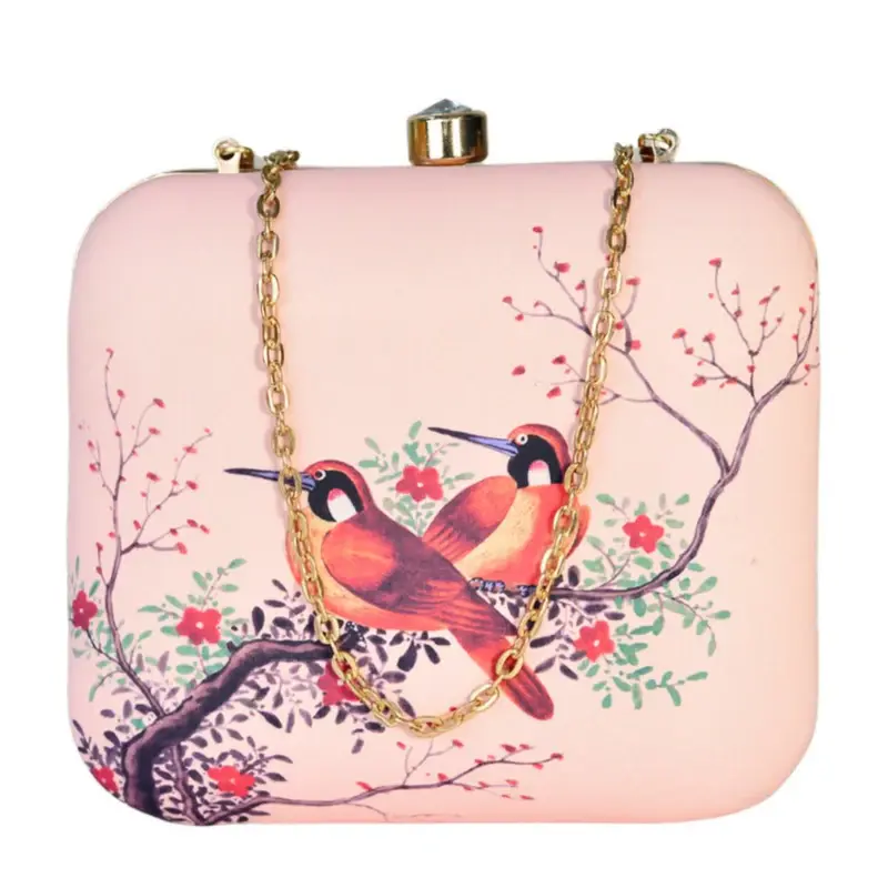 Women Pink Based Red Birds Printed Clutch