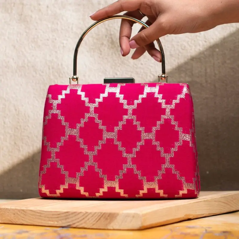 Women Magenta Pink Brocade Fabric Clutch