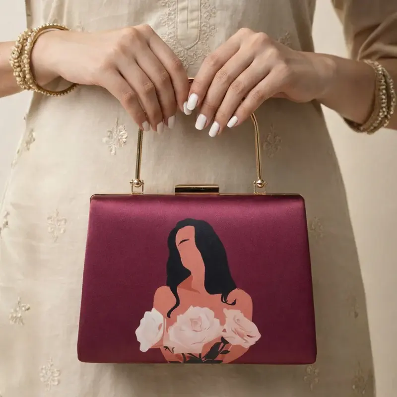 Women Maroon Based Floral Girl Portrait Printed Clutch