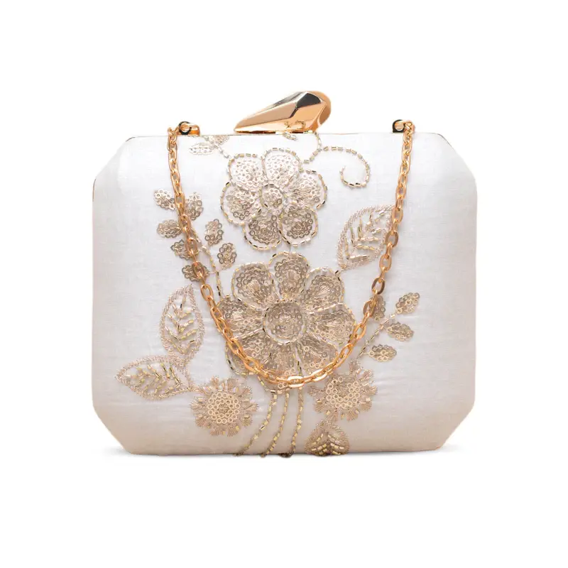 Woman Ivory Floral Gold Embroidered Clutch