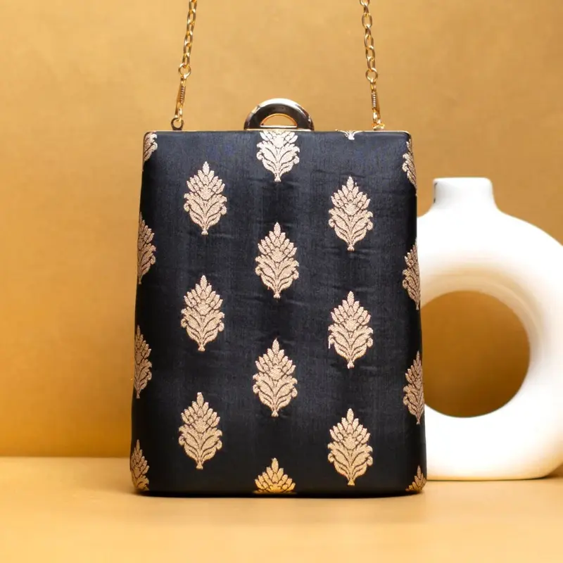 Women Black Brocade Fabric Vertical Clutch