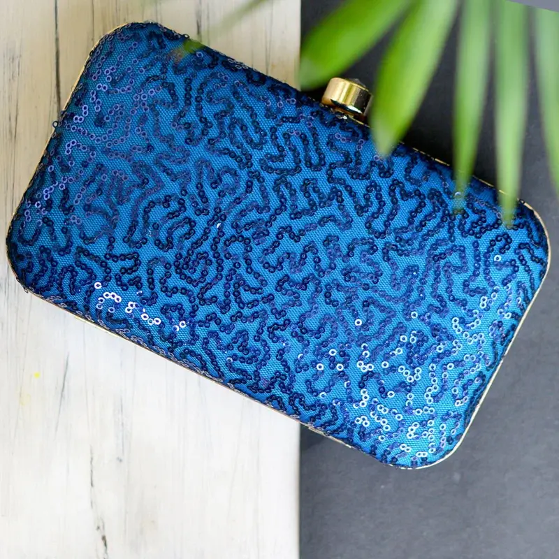 Women Blue Sequins Party Clutch