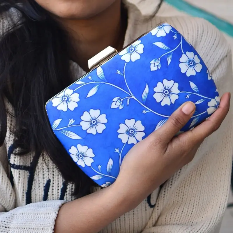 Woman Blue and White Floral Printed Clutch