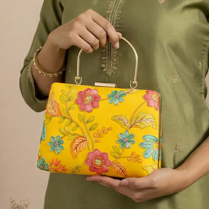 Women Mustard Yellow Floral Embroidered Clutch