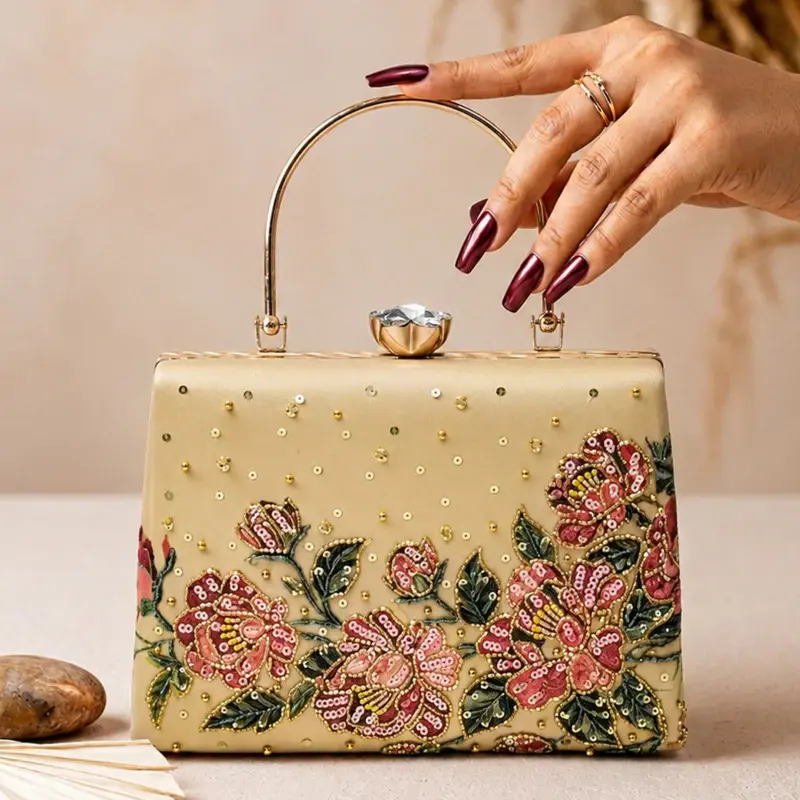 Women Gold Floral Embellished Luxury Clutch Bag