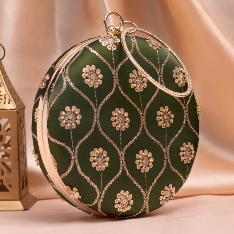 Woman Olive Green Sequins Pattern Embroidery Clutch